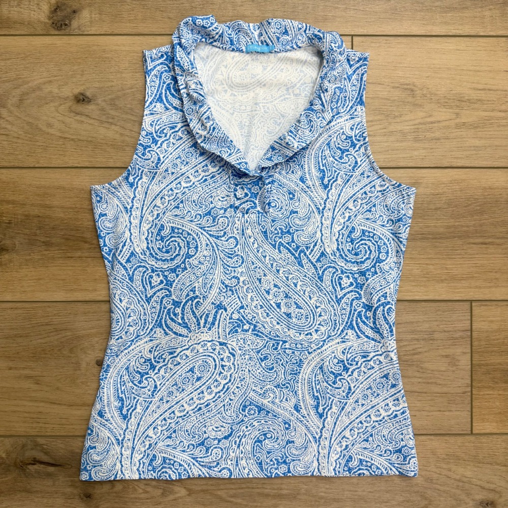 J.McLaughlin Womens Blue White Paisley Ruffle Neck Sleeveless Top Small